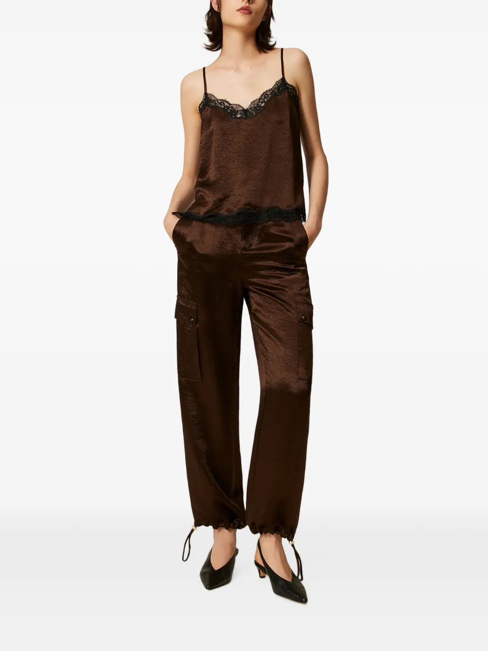 TWINSET Froissé satijnen cargo broek Bruin