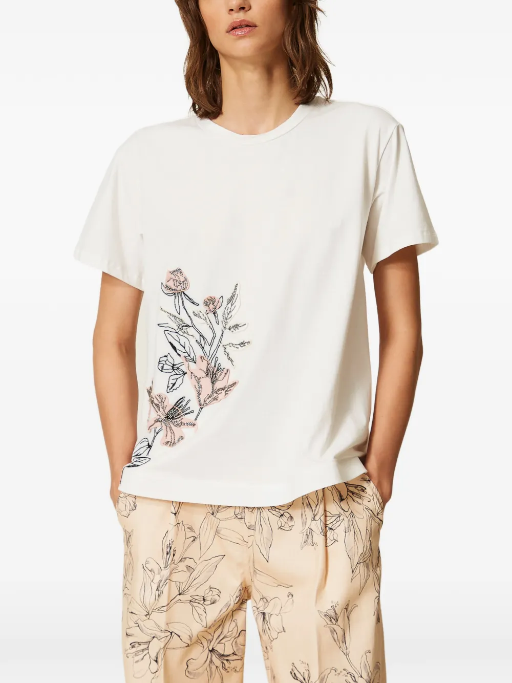TWINSET T-shirt met geborduurde bloemen Wit