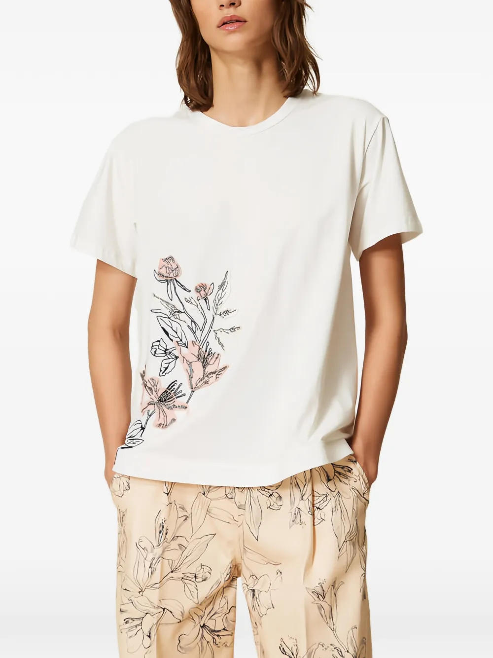TWINSET T-shirt con ricamo a fiori - Bianco