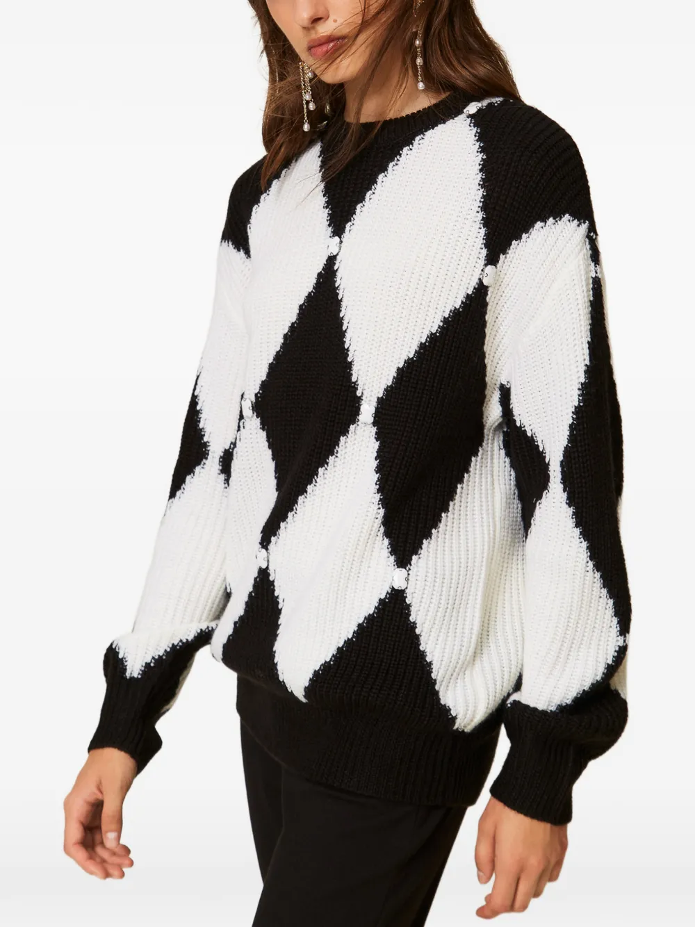 TWINSET diamond pattern wool blend jumper with embroidery - Nero