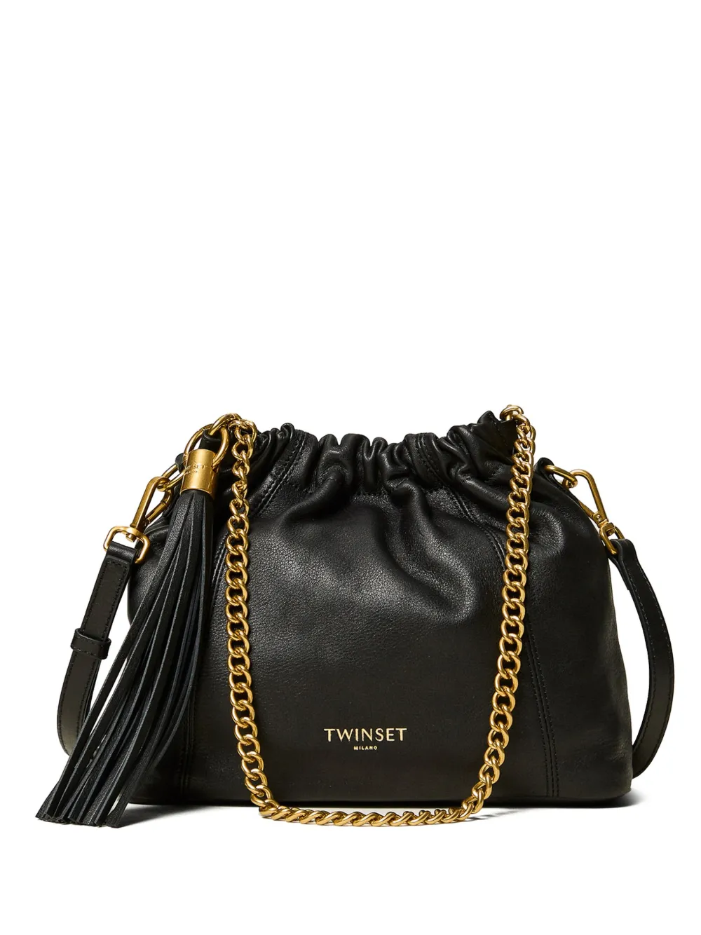 TWINSET leather shoulder bag with ruching - Nero