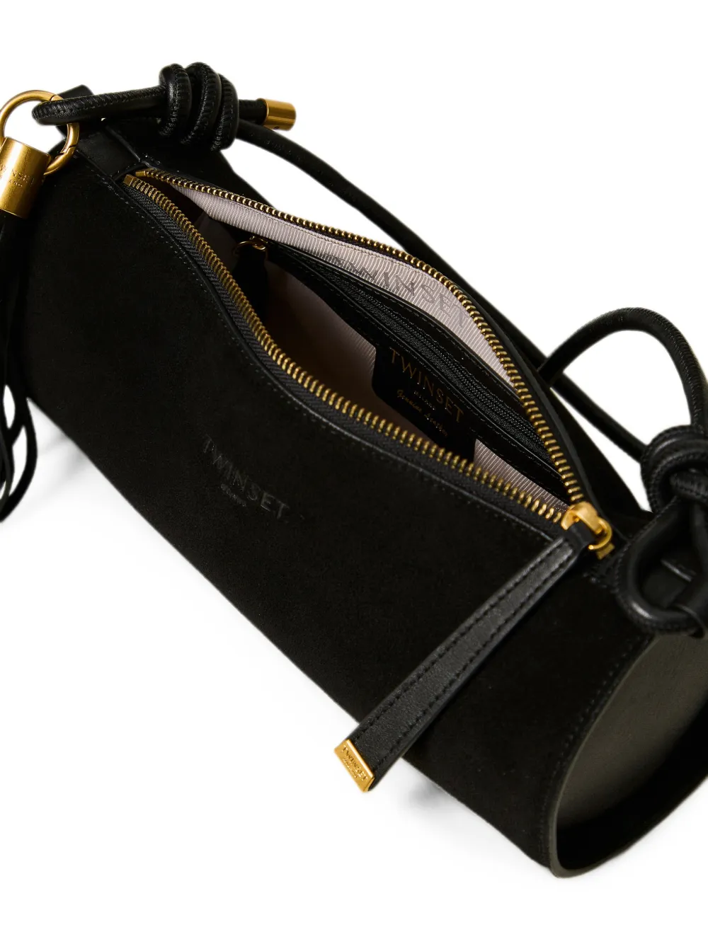TWINSET Suède cilindervormige tas met kwastje Zwart