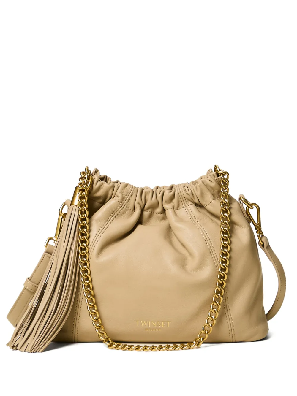 TWINSET leather shoulder bag with ruching - Toni neutri