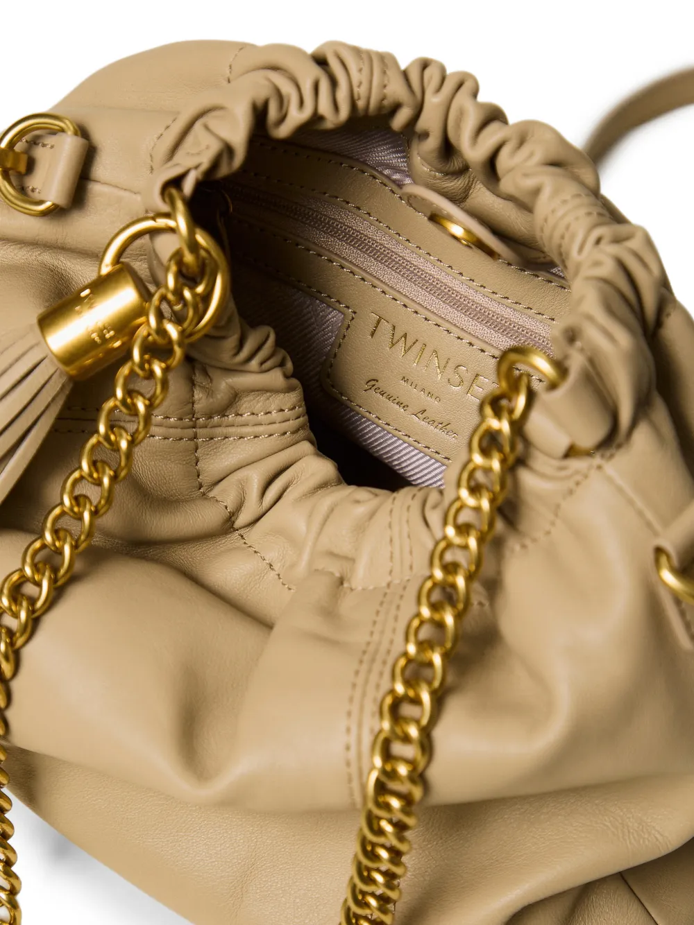 TWINSET Leren schoudertas met ruches Beige