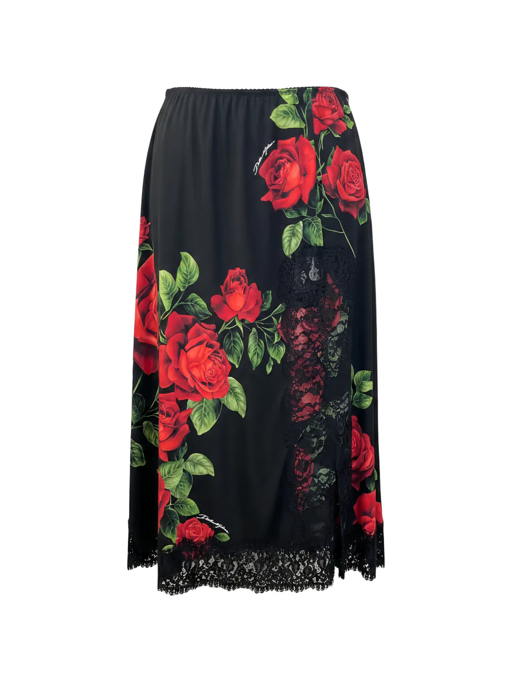 Dolce & Gabbana rose-print lace-trim skirt - Nero
