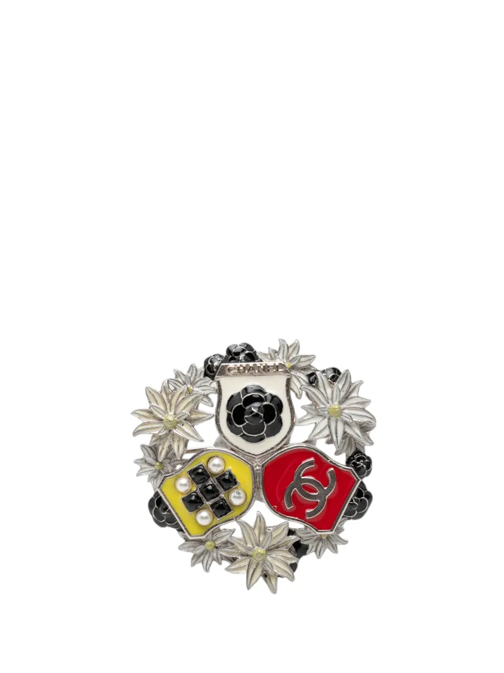 CHANEL Pre-Owned 2015 CC Enamel and Brass Salzbur Camellia Shield Pin Brooch costume brooch - Argento