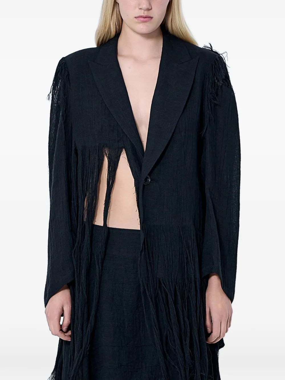 Yohji Yamamoto frayed linen single-breasted blazer - Nero