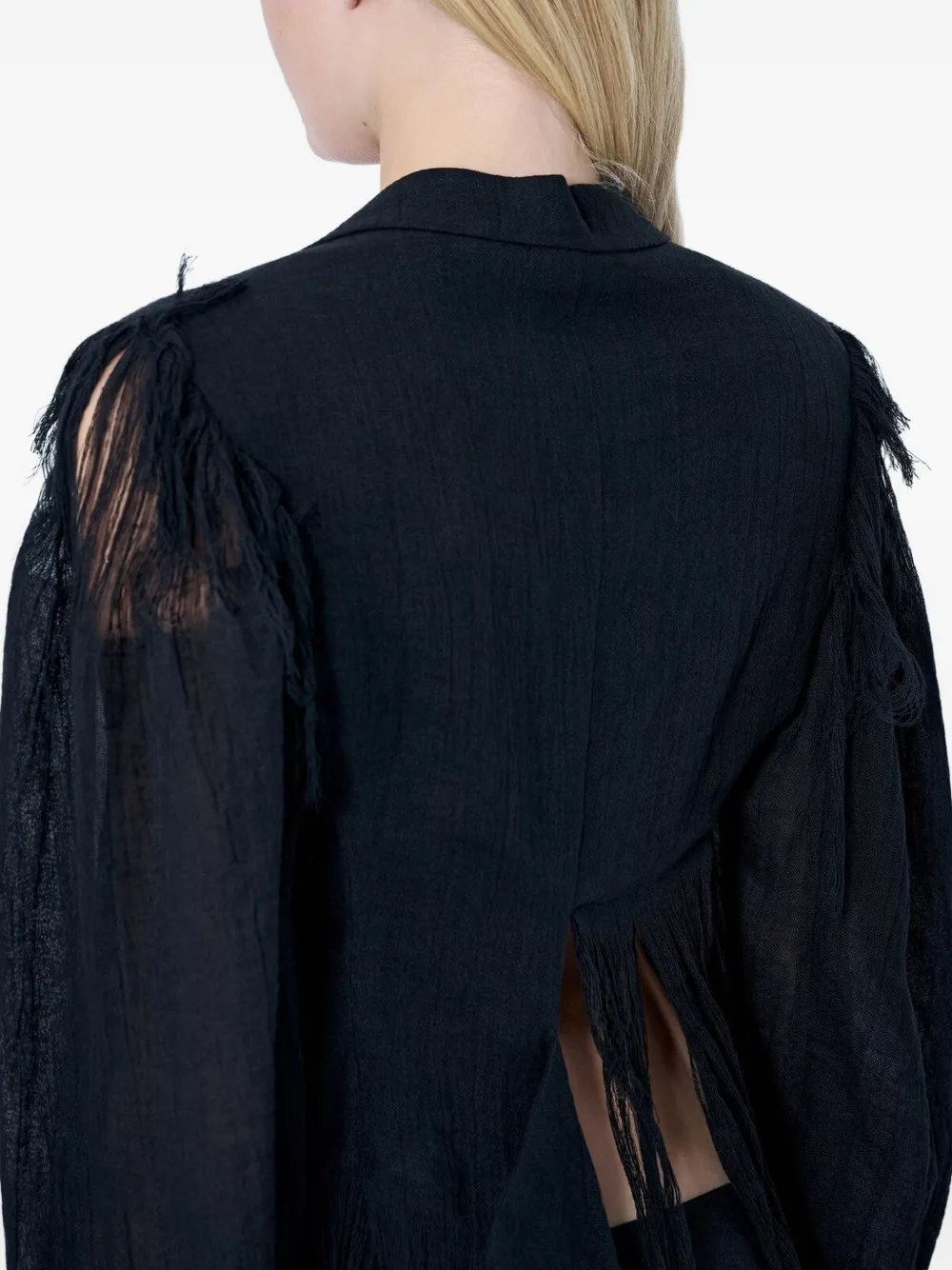 Yohji Yamamoto Linnen blazer met enkele rij knopen en franje Zwart