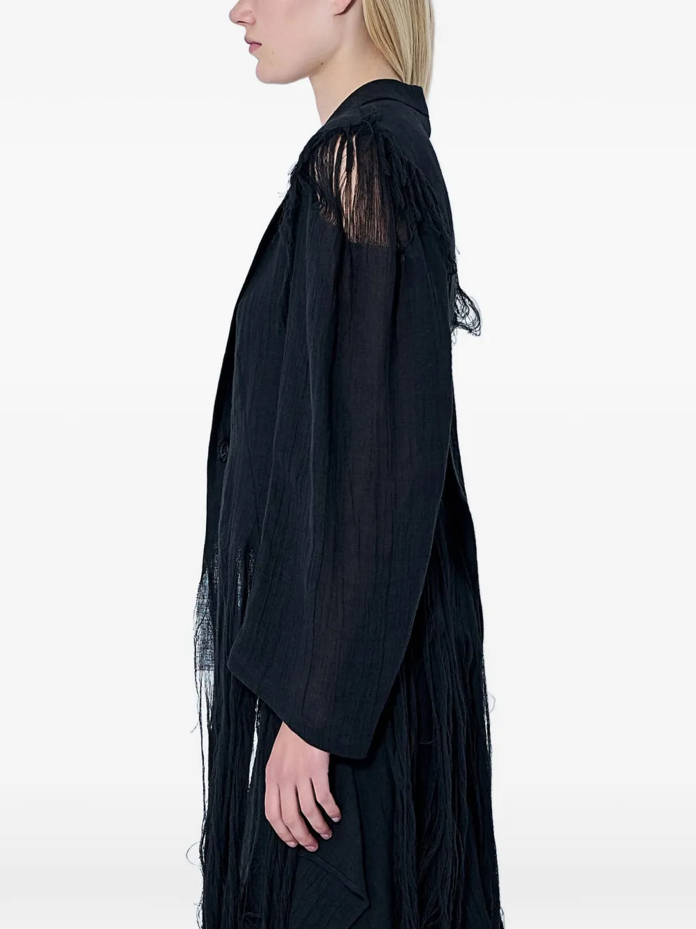 Yohji Yamamoto Linnen blazer met enkele rij knopen en franje Zwart