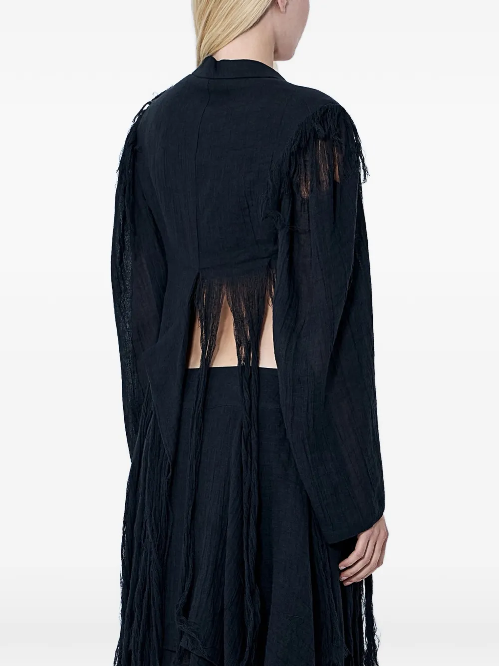 Yohji Yamamoto Linnen blazer met enkele rij knopen en franje Zwart
