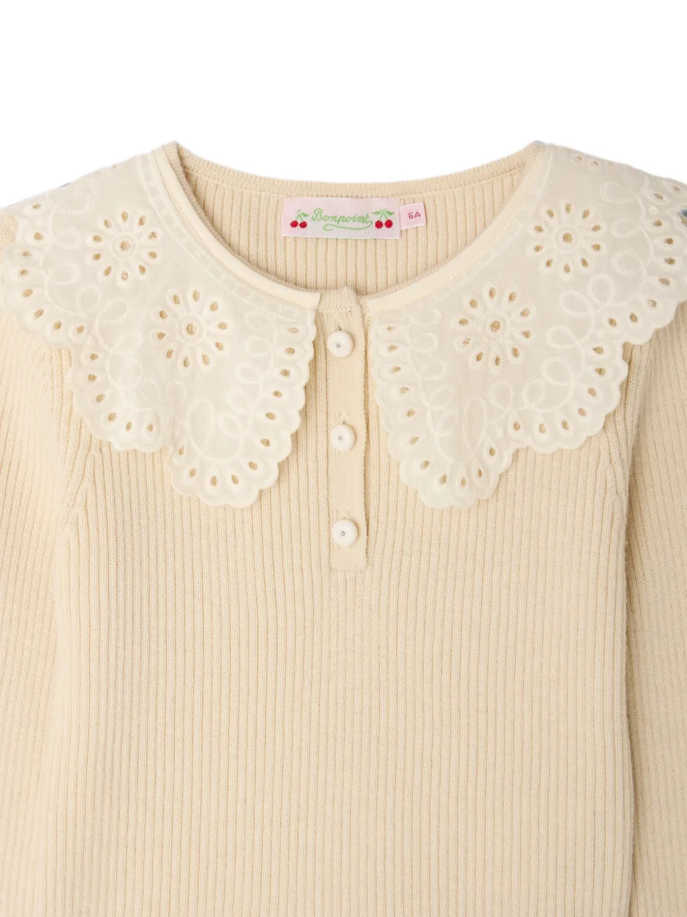 Bonpoint Ribgebreide top met broderie anglaise Beige