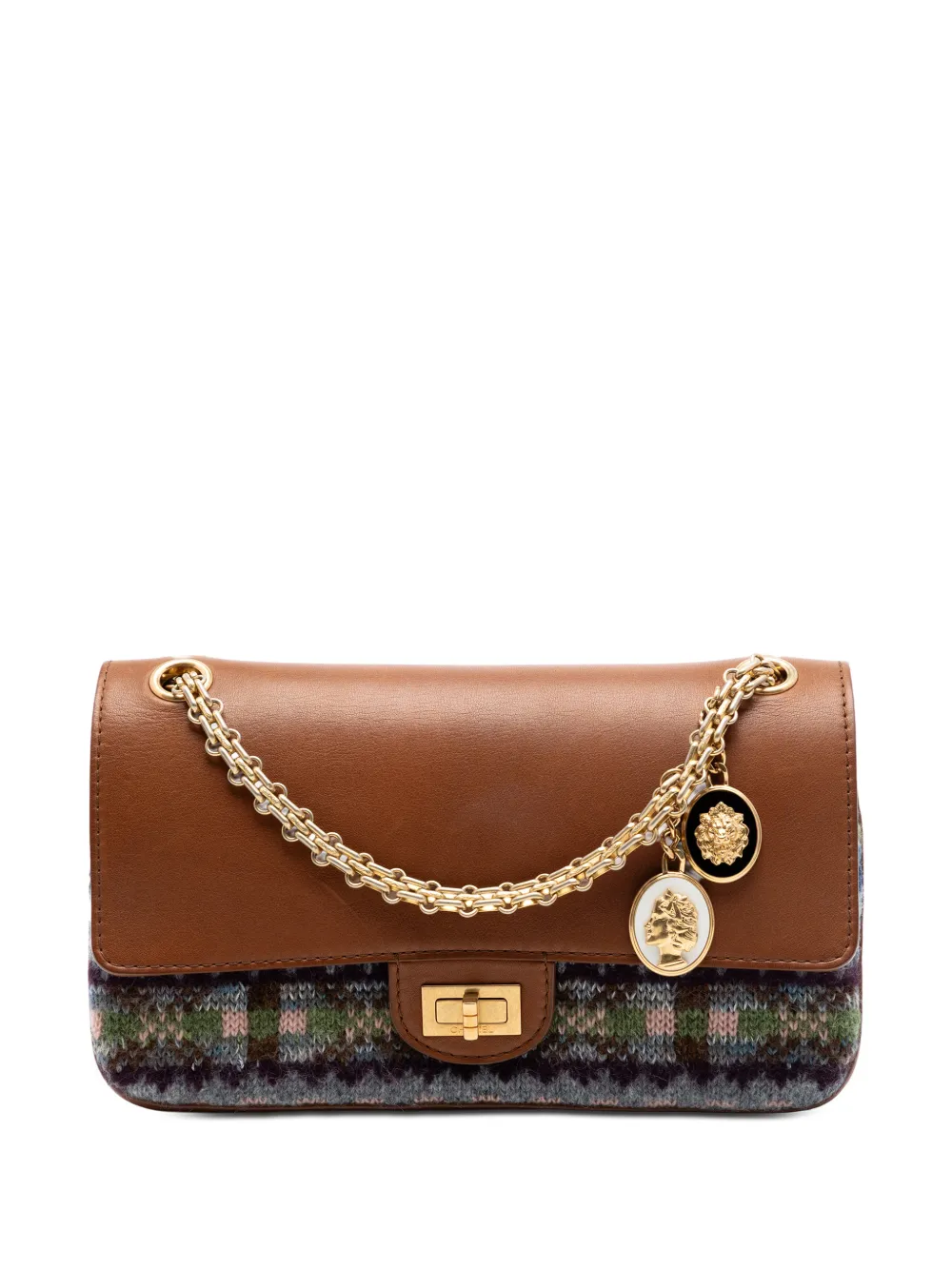 Pre-owned Chanel 2016-2017 Smooth Calfskin And Knit Reissue 2.55 Medallion Nude Double Flap 225 Shoulder Bag In Brown