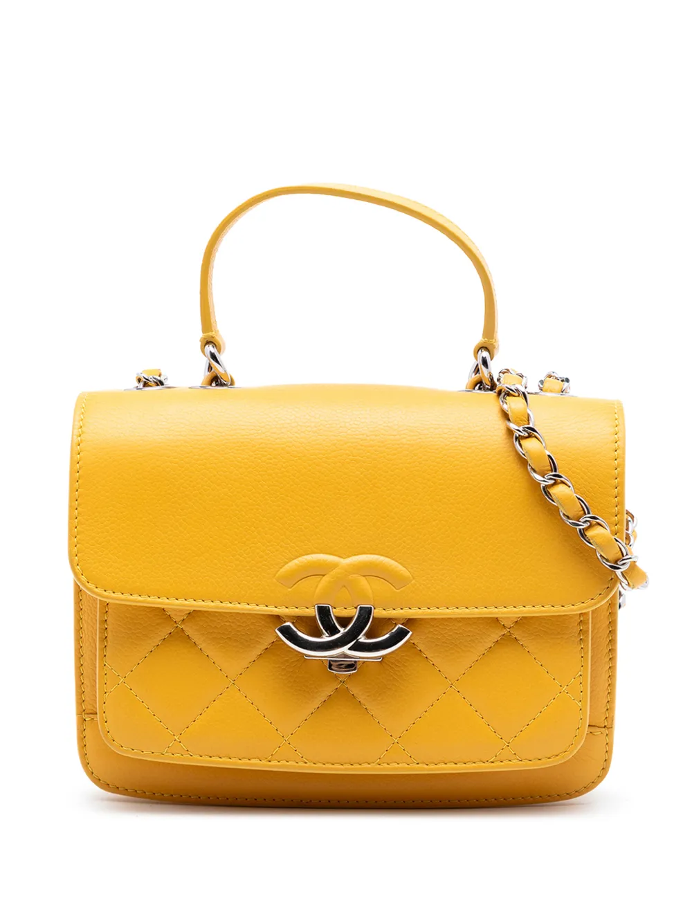 Pre-owned Chanel 2016-2017 Quilted Caviar Cc Box Flap Satchel In Yellow