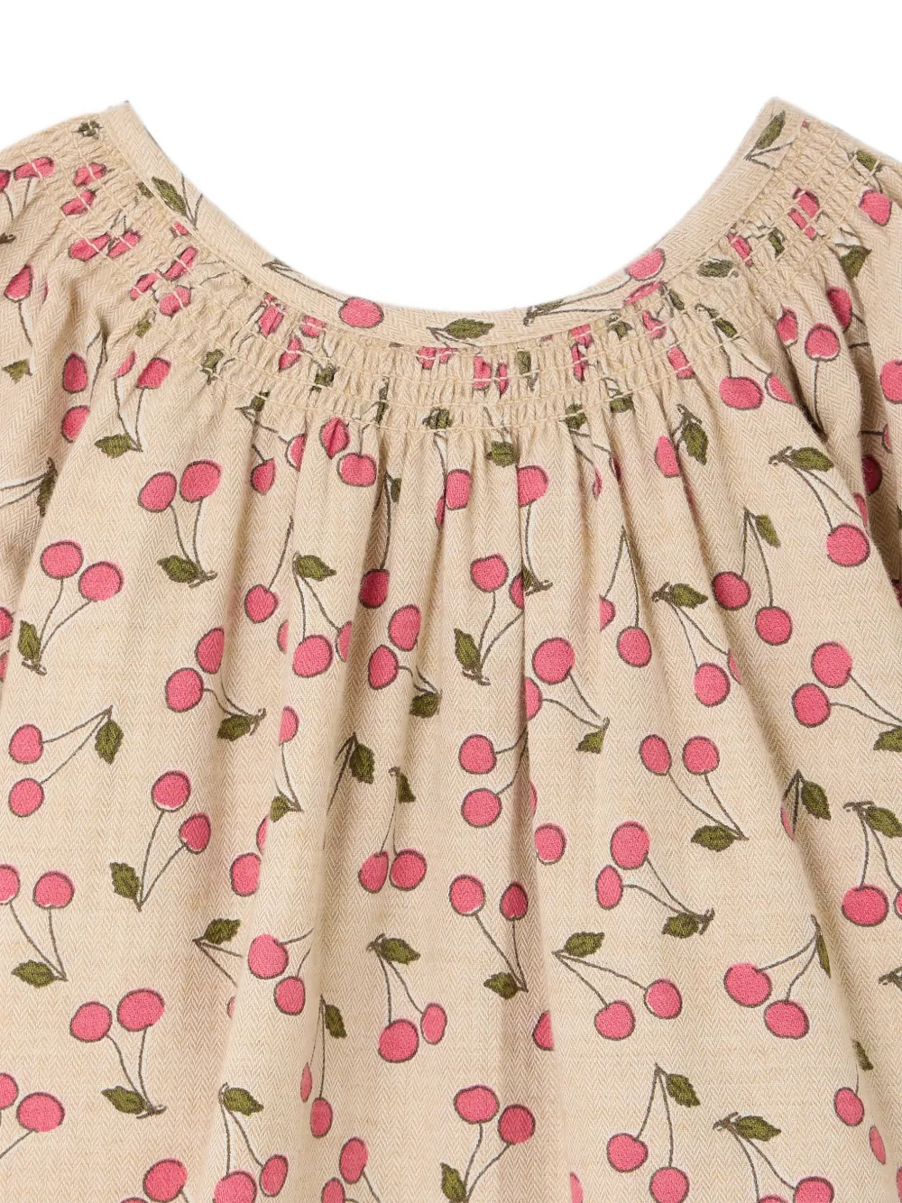 Bonpoint Gesmockte jurk met kersenprint Beige