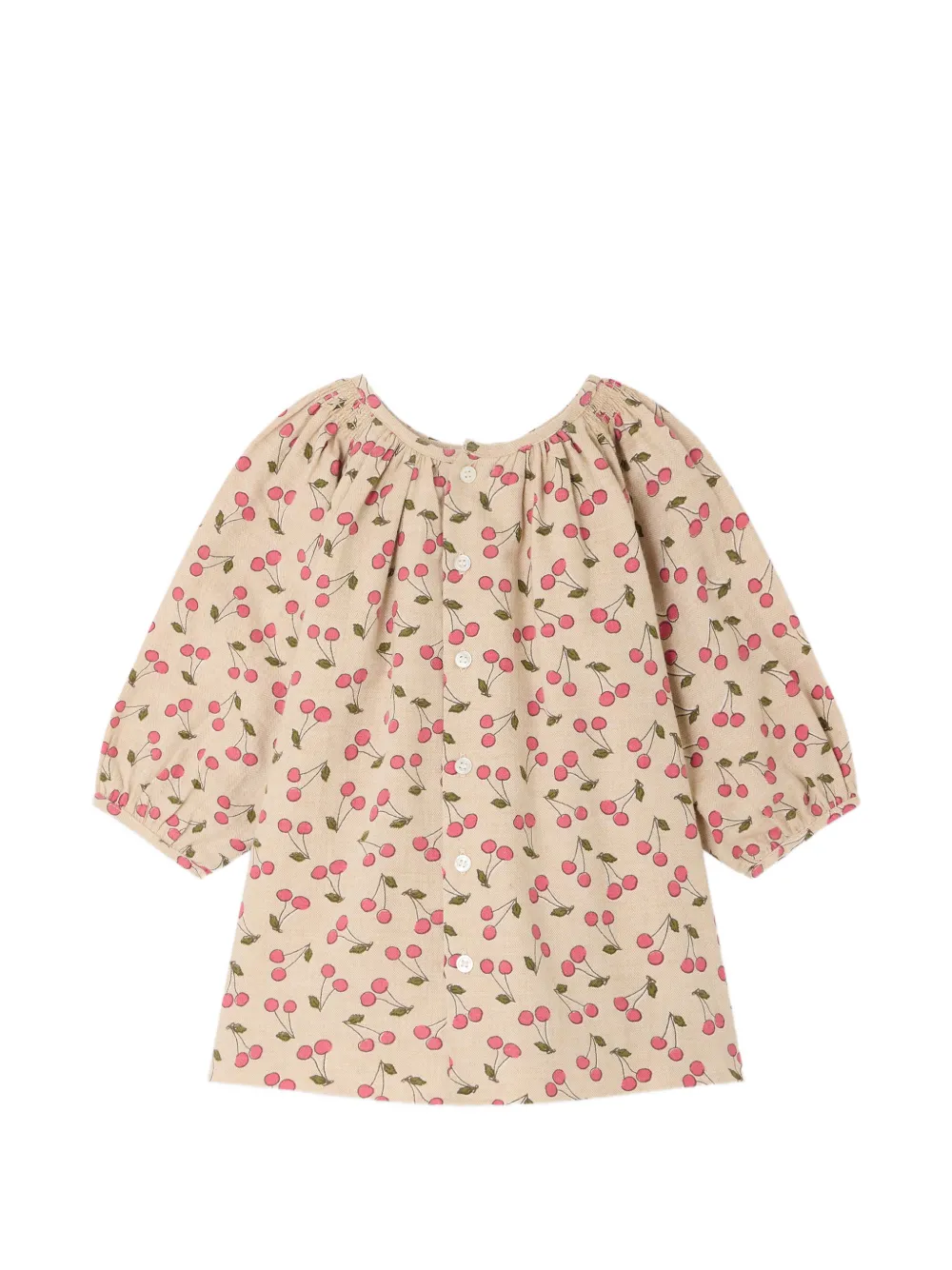Bonpoint Gesmockte jurk met kersenprint Beige