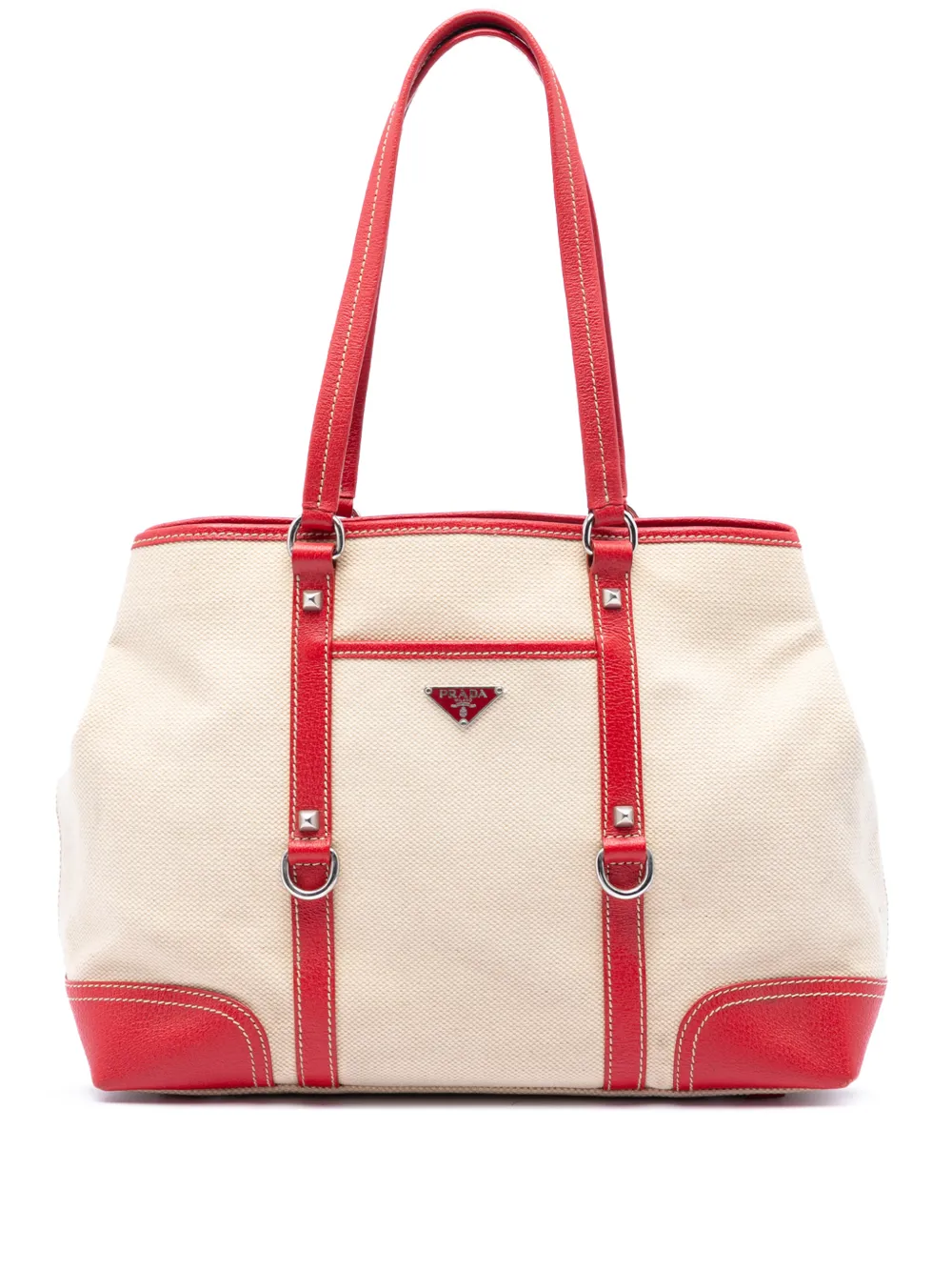 Prada Pre-Owned 2013-2026 Studded Leather Trimmed Canvas Front Pocket tote bag - Toni neutri