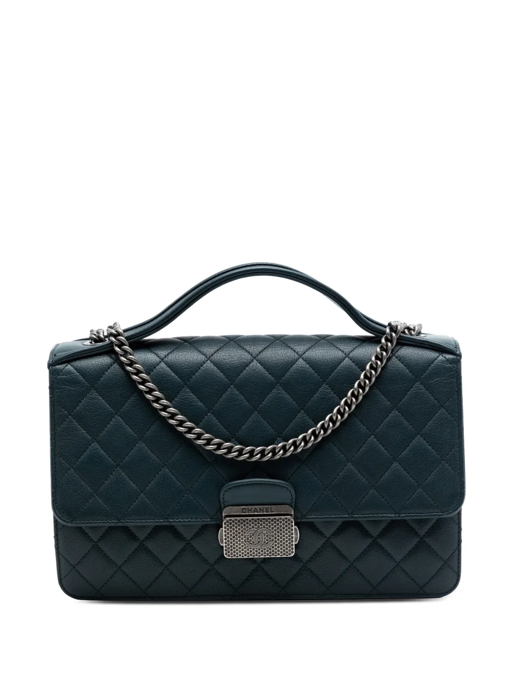 Pre-owned Chanel 2016-2017 Medium Quilted Goatskin Cc University Flap Satchel In Green