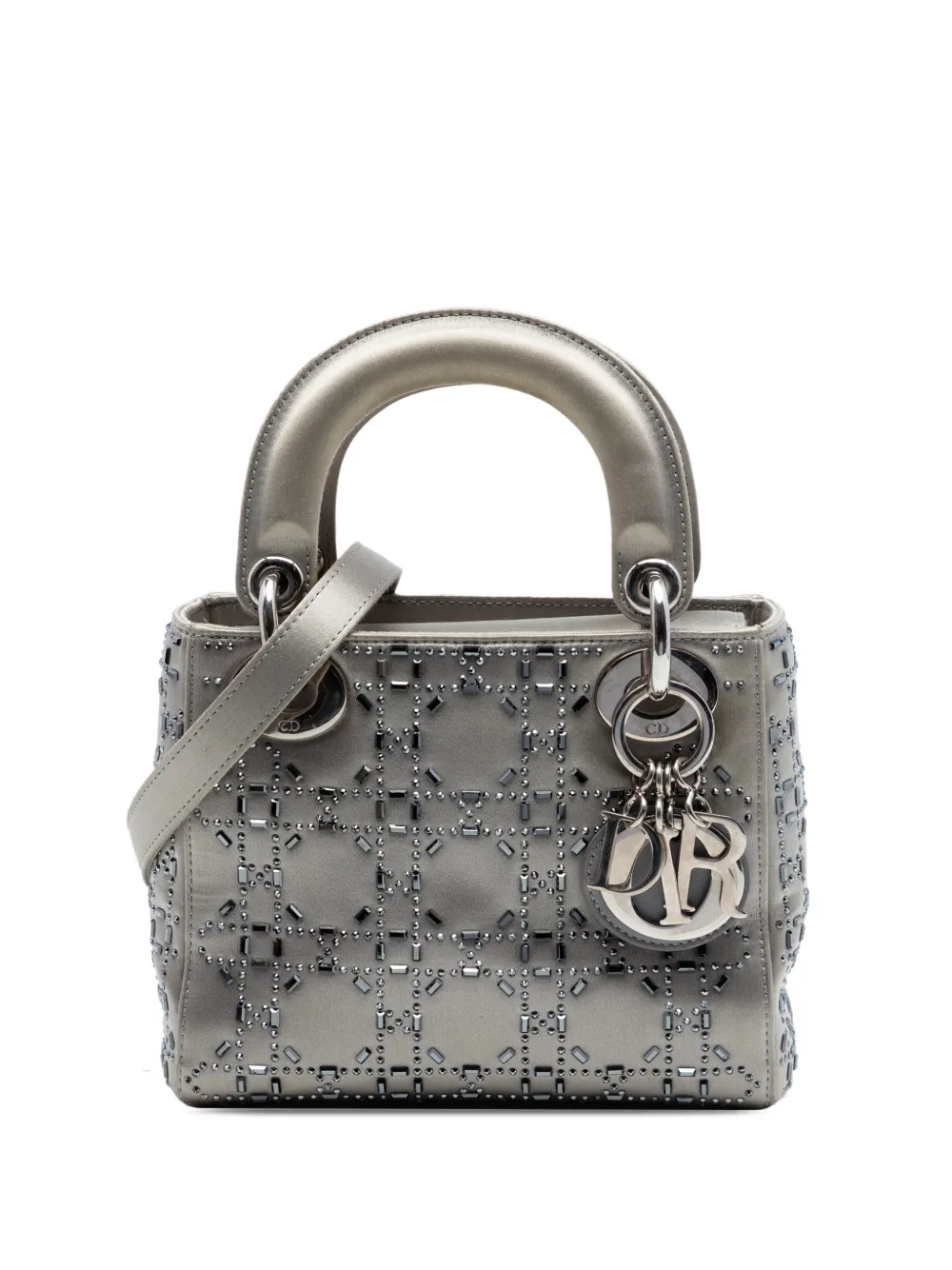 Christian Dior Pre-Owned 2016 Mini Satin Cannage Crystal Embellished Lady Dior satchel - Grigio
