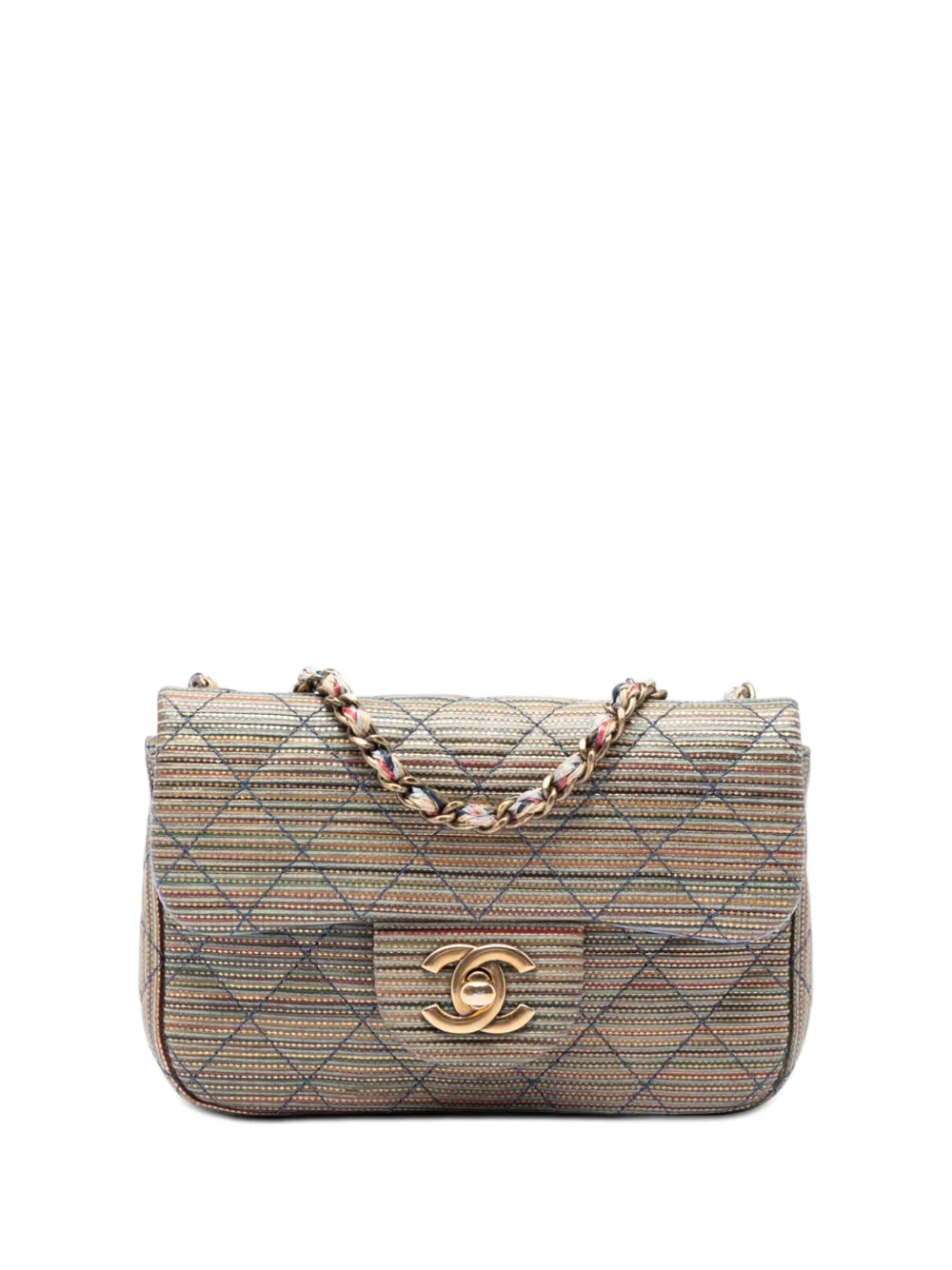 CHANEL Pre-Owned Borsa a spalla Paris Seoul piccola in pelle di agnello metallizzata con battente e motivo a righe 2015-2016 - Blu