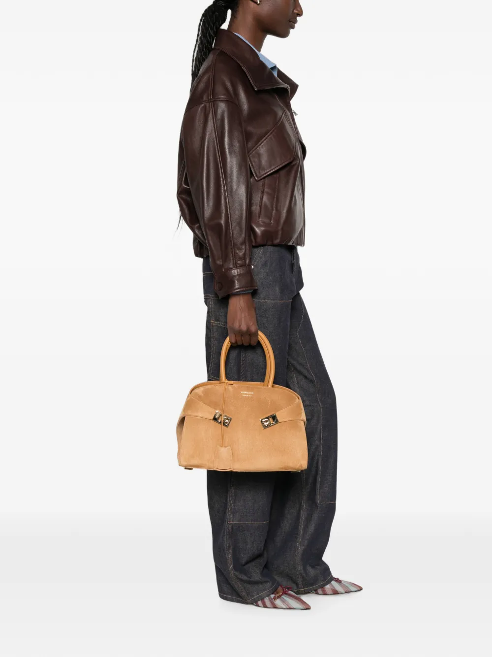 Ferragamo Hug leren shopper met logo Beige