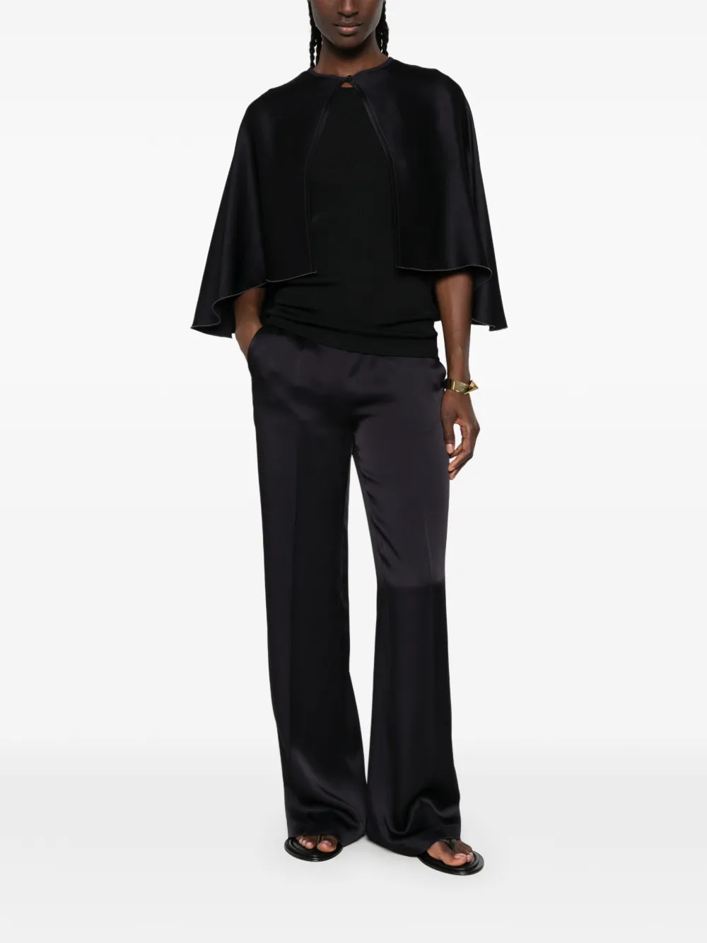 Forte Blouse met cape-stijl en satijnen afwerking Blauw