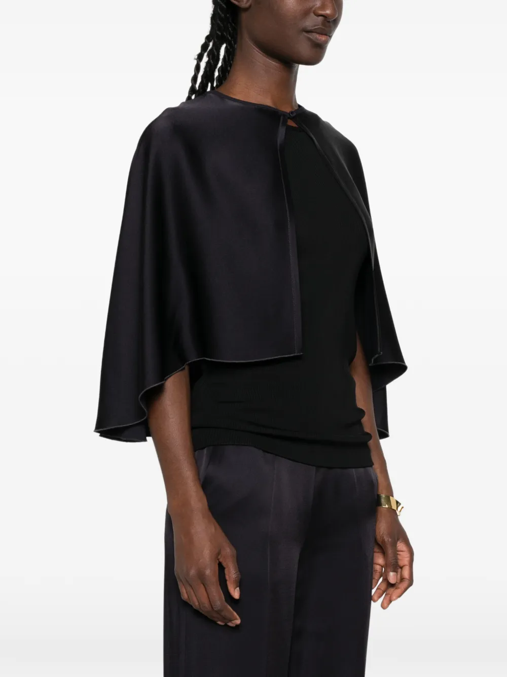 Forte Blouse met cape-stijl en satijnen afwerking Blauw