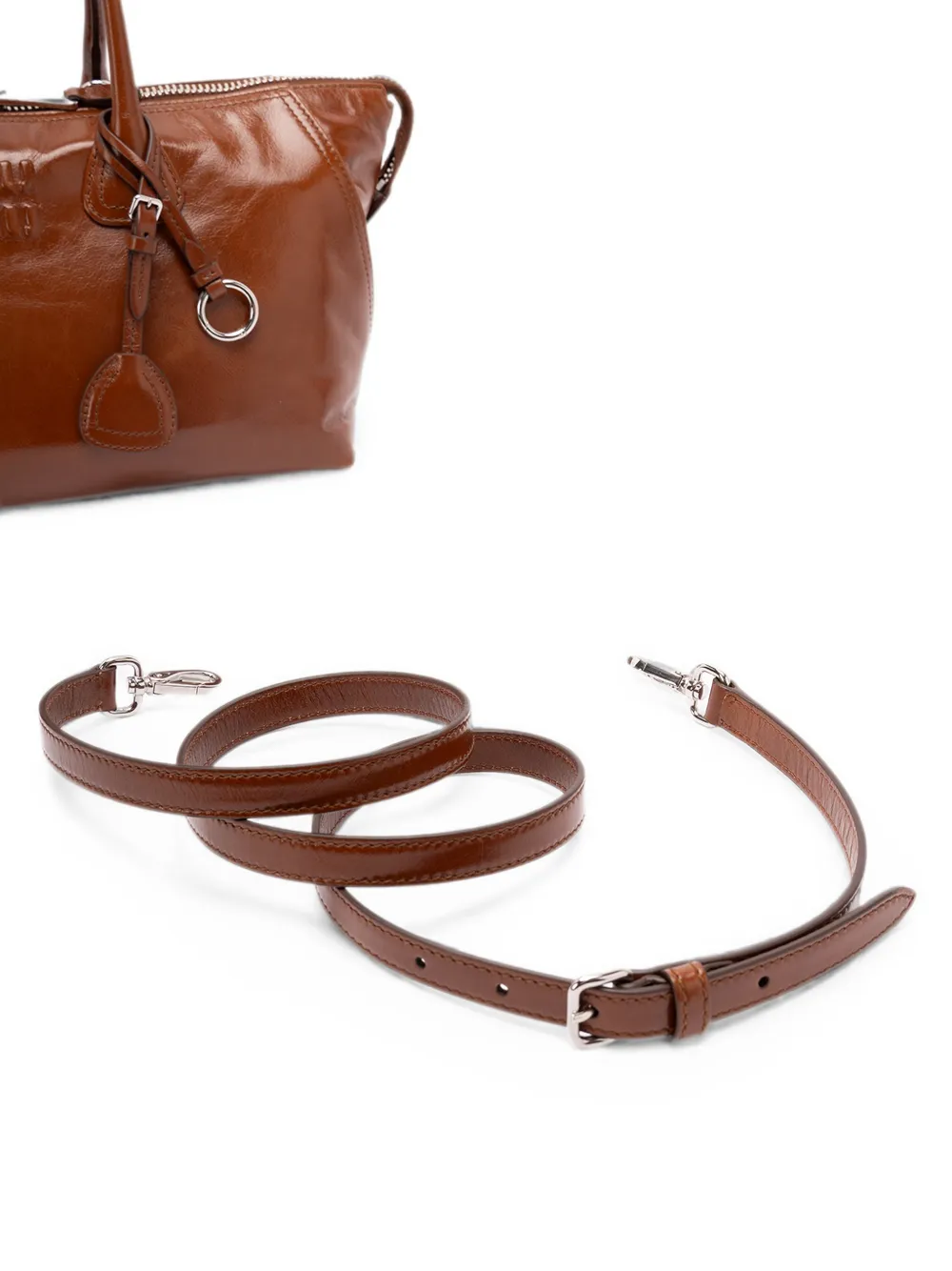 Miu Leren shopper met logo-reliëf Bruin