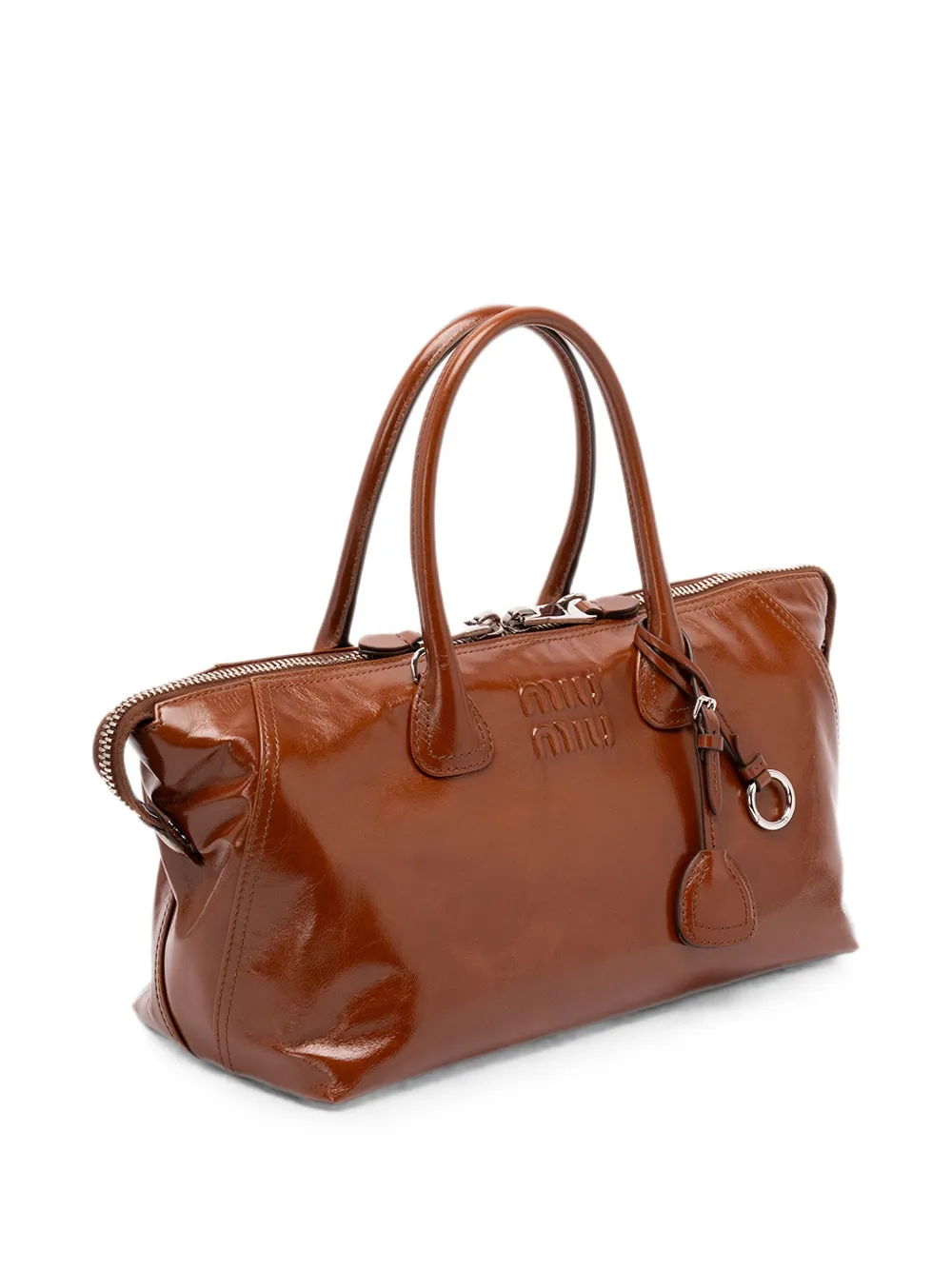 Miu Leren shopper met logo-reliëf Bruin