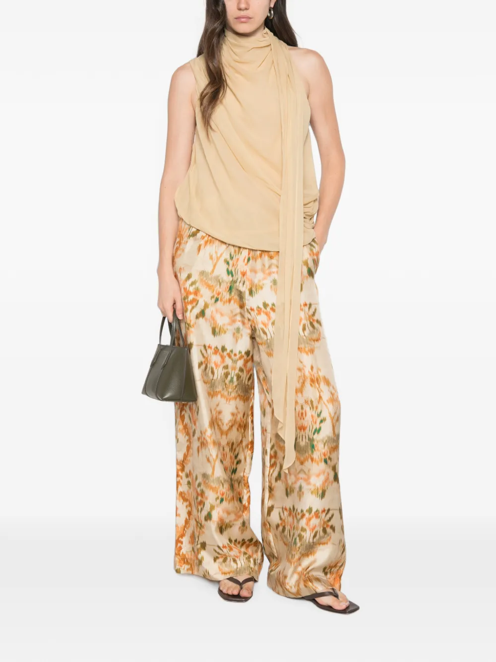 Pierre-Louis Mascia Palazzo broek met trekkoordsluiting en ikat-print Beige