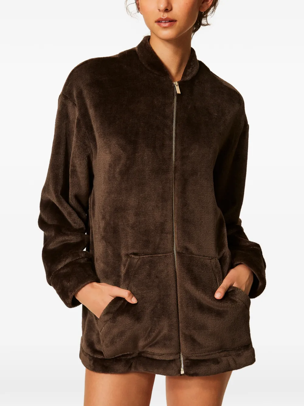 TWINSET Badjas met imitatiebont en rits Bruin