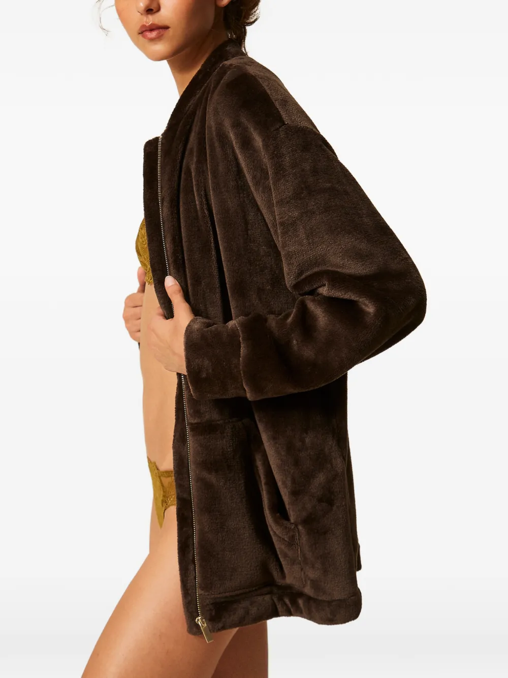 TWINSET Badjas met imitatiebont en rits Bruin