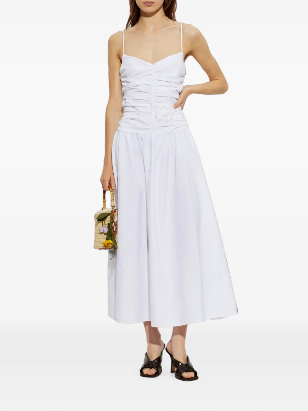 ROTATE BIRGER CHRISTENSEN Midi-jurk met ruches en bloemen-detail Wit
