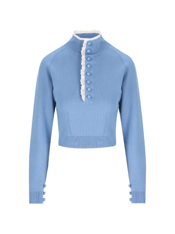 Chloé High-neck Sweater in Wool Knit and Lace in Blue