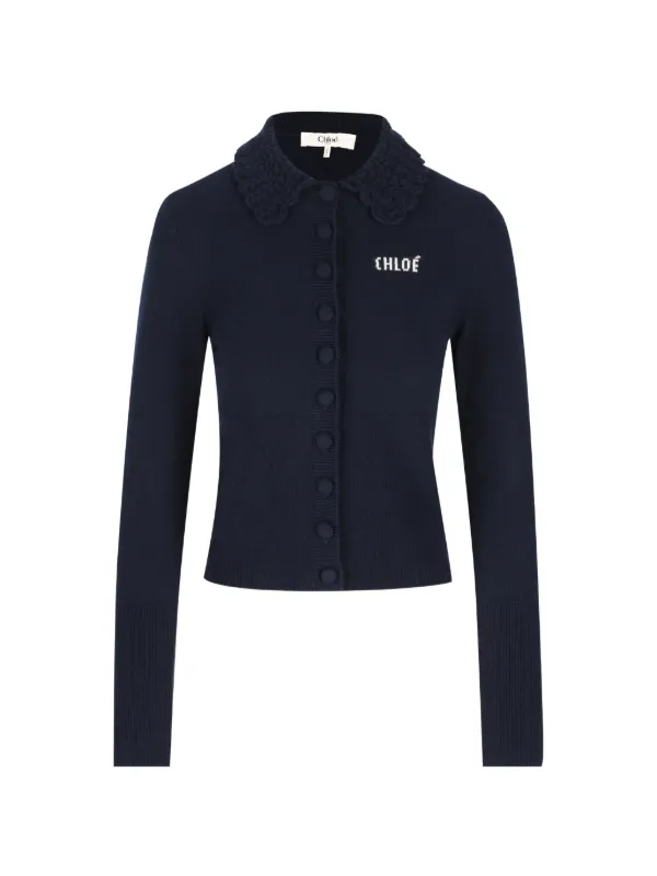 Chloé Fitted Logo Cardigan In a Wool Knit | Blue | FARFETCH