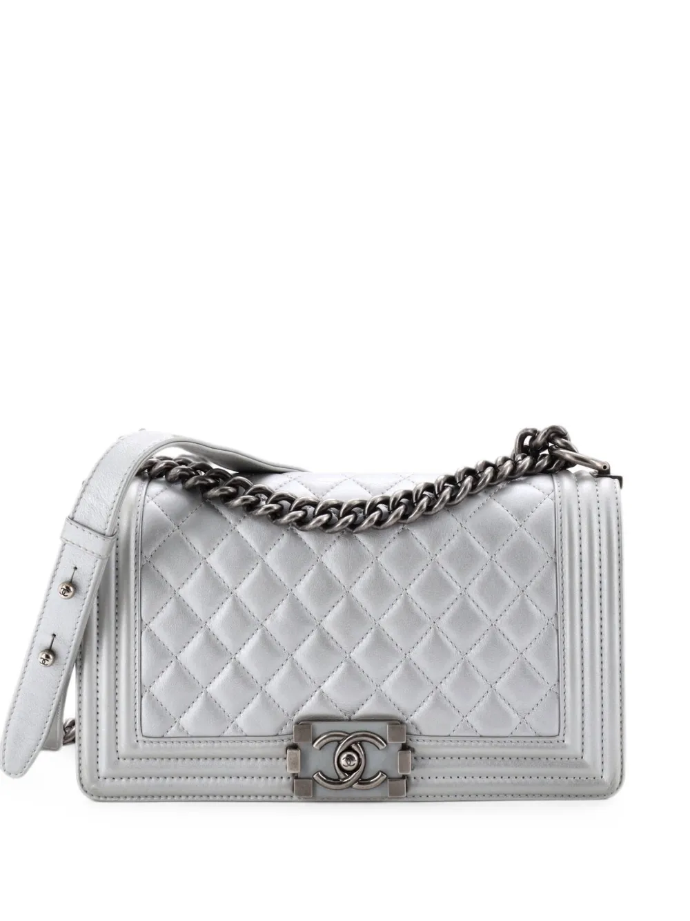 CHANEL Pre-Owned Borsa a spalla Boy Old media in pelle di vitello trapuntata con battente - Argento