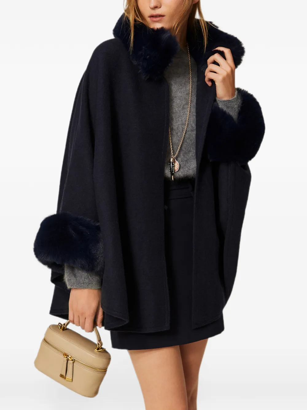 TWINSET Wollen poncho met imitatiebont Blauw