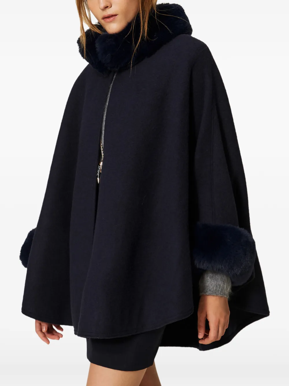 TWINSET Wollen poncho met imitatiebont Blauw