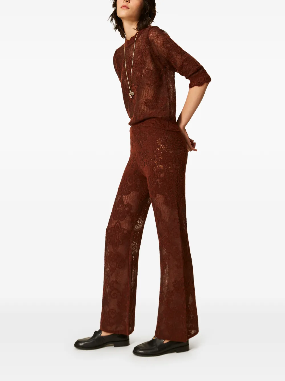 TWINSET Gebreide broek van alpacablend met jacquard Bruin