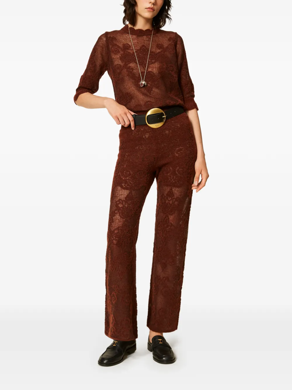 TWINSET Gebreide broek van alpacablend met jacquard Bruin