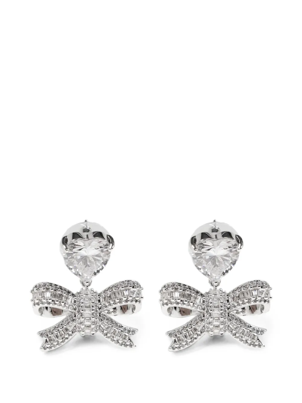Self-Portrait heart crystal-embellished bow drop earrings - Argento