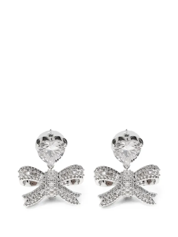 Self-Portrait Heart Crystal-embellished Bow Drop Earrings in Silver
