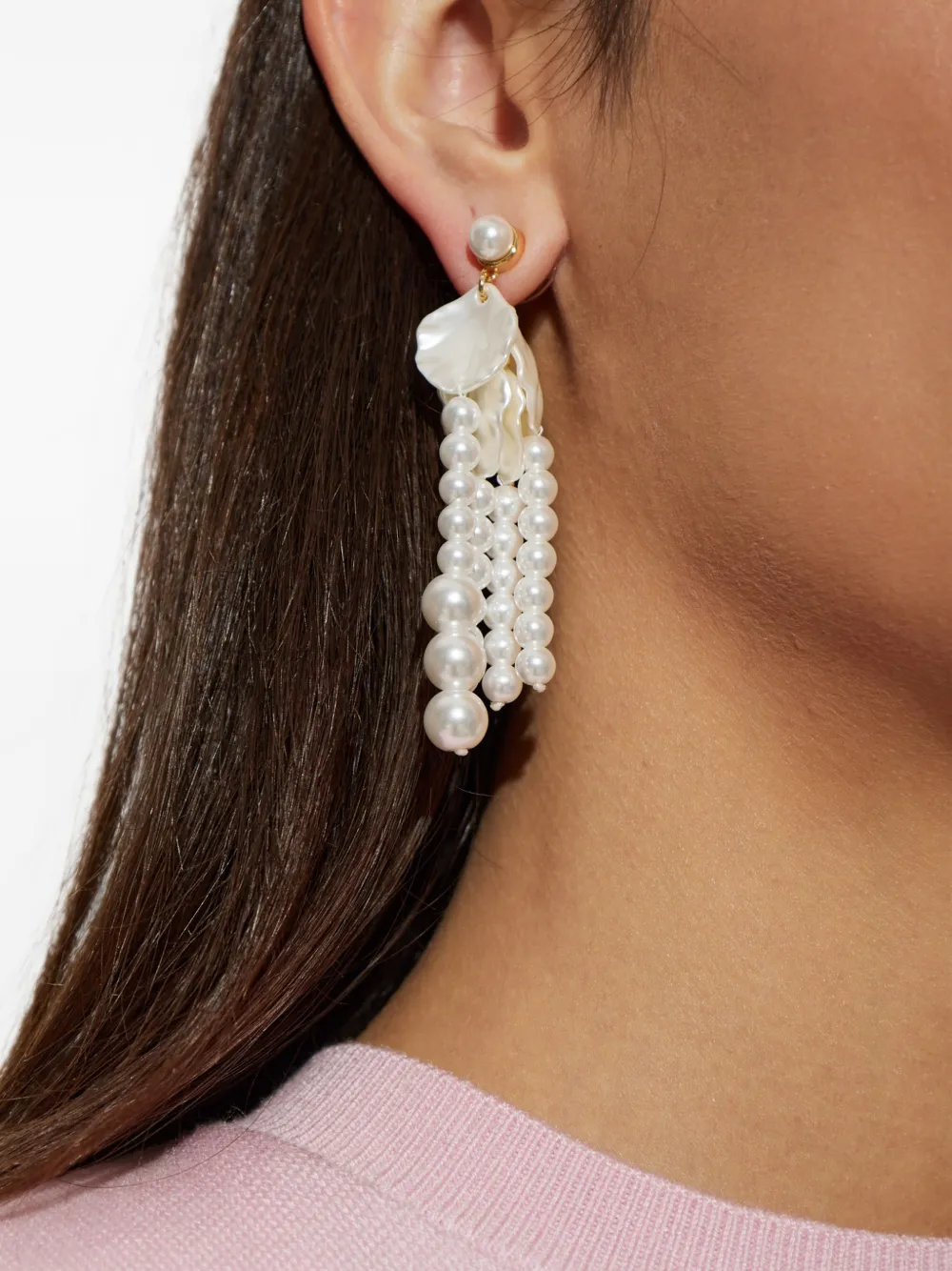 Self-Portrait Pearl Petal Dangle Earrings in White, view 2