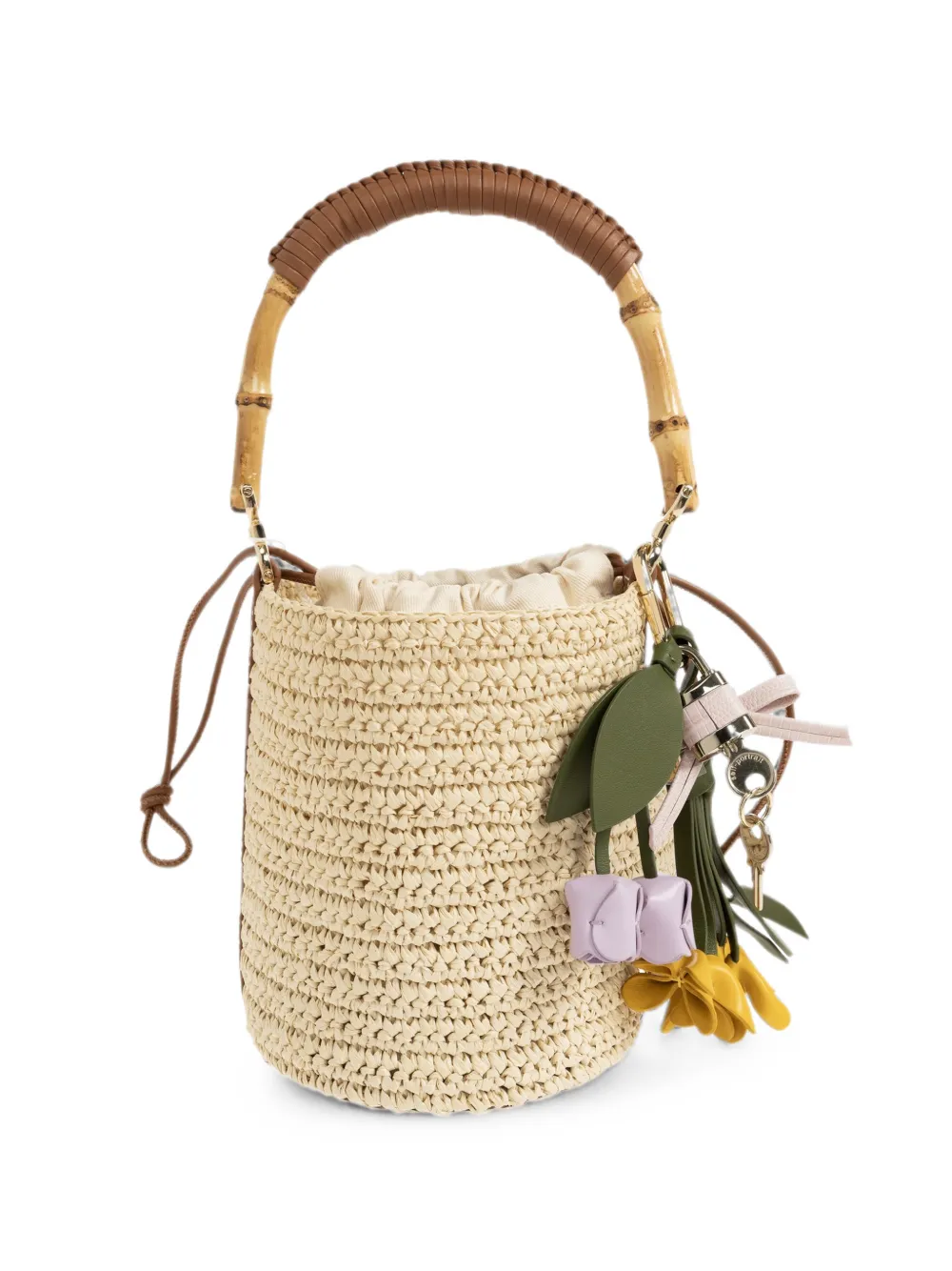 Self-Portrait bamboo-handle raffia bucket bag - Nude