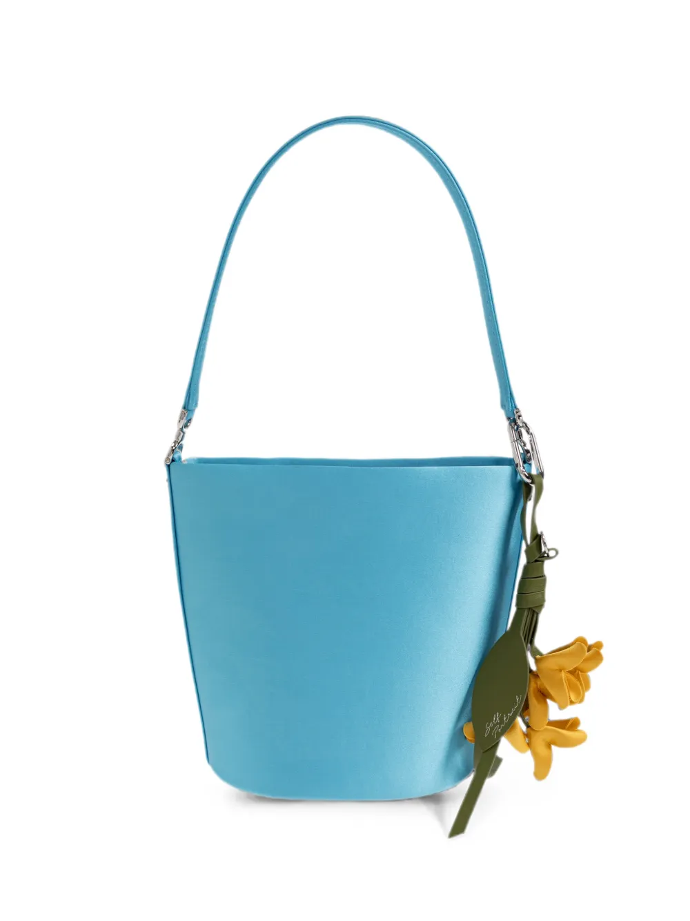 Self-Portrait floral-keychain satin bucket bag - Blau