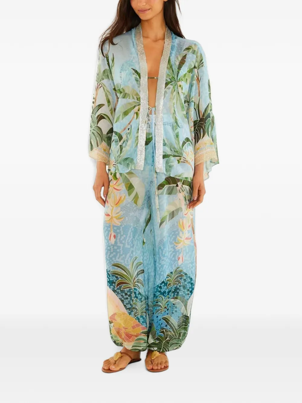FARM Rio Kimono met kralen en tropische print Blauw
