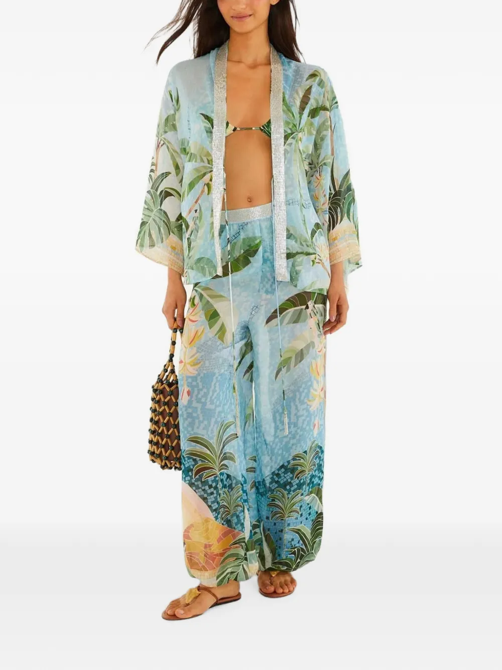 FARM Rio Kimono met kralen en tropische print Blauw