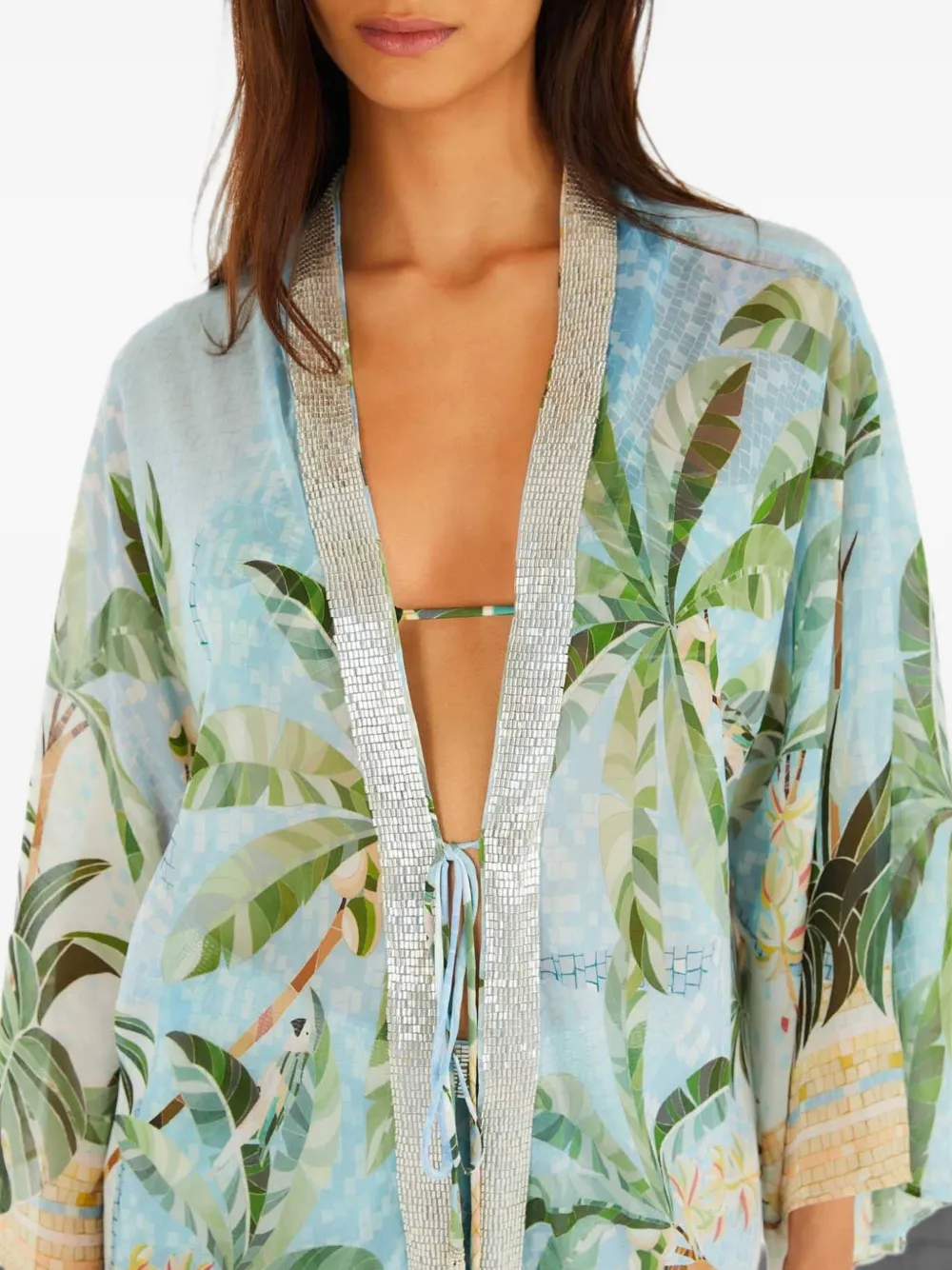 FARM Rio Kimono met kralen en tropische print Blauw