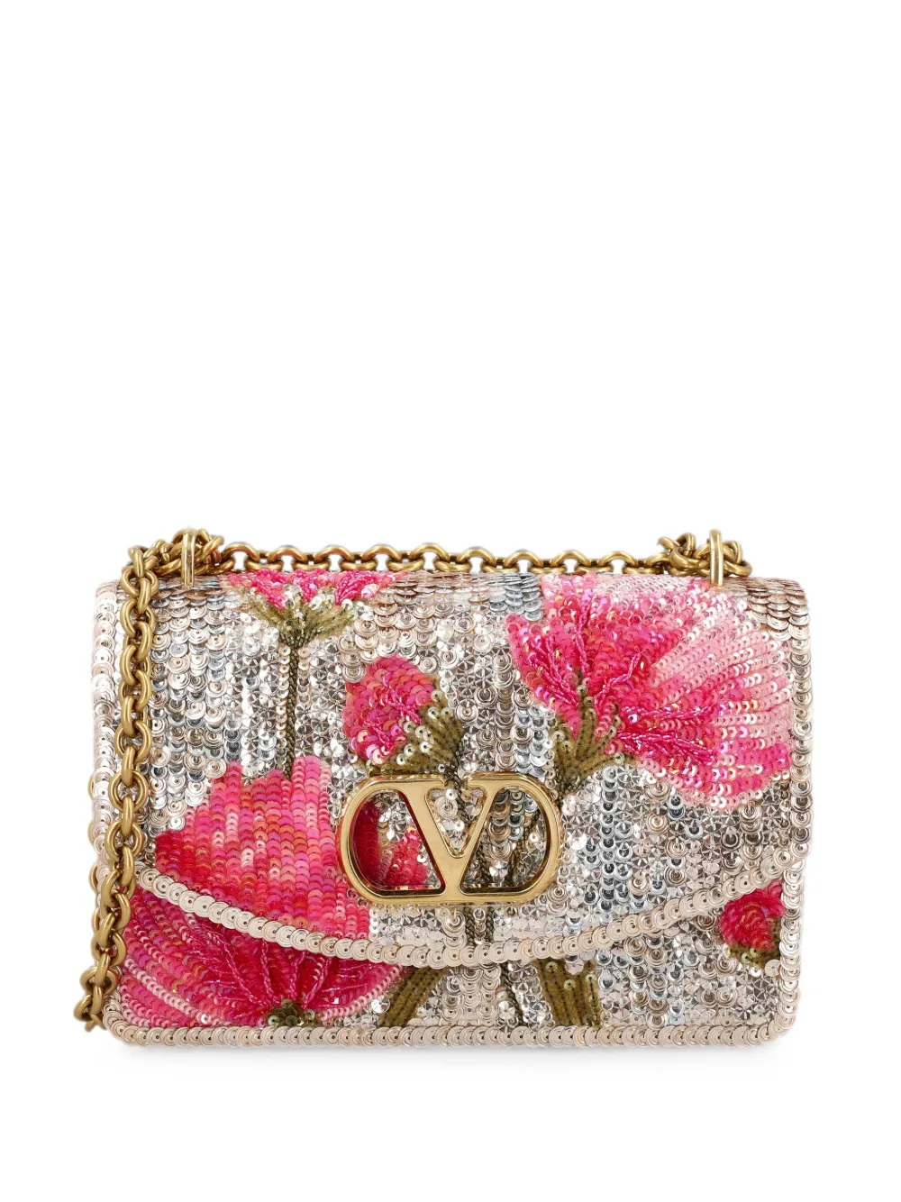 Valentino Garavani VLogo Signature floral-embroidered shoulder bag - Argento