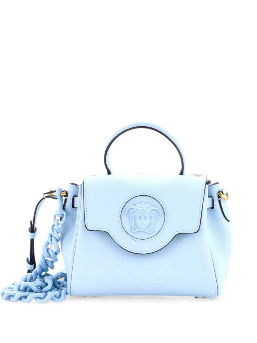 Pre-owned Versace La Medusa Top Handle Bag Leather Small Satchel In Blue