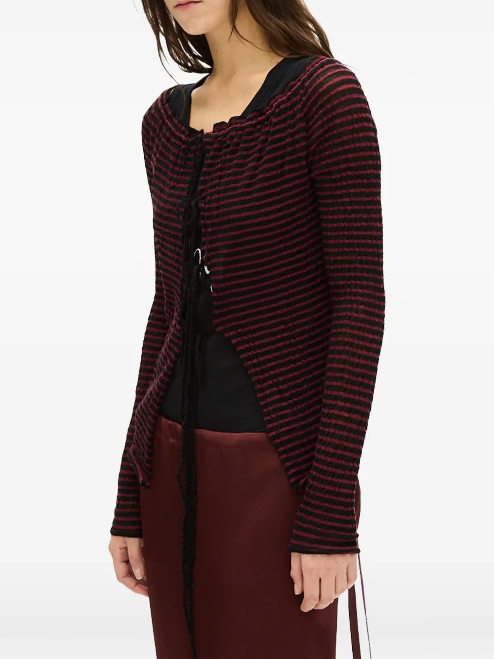 Ann Demeulemeester Nelle Striped Tie-fastening Cardigan in Red, view 3
